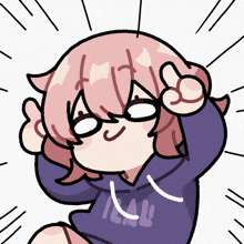 a cartoon drawing of a girl wearing a purple hoodie that says " i am "