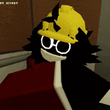 a cartoon character is wearing a yellow hard hat and sunglasses