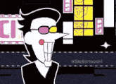 a cartoon character wearing sunglasses and a suit is standing in front of a tetris game .