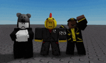 three roblox characters are standing next to each other with one wearing a yellow chicken costume
