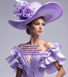 a woman wearing a purple hat and a purple dress says o sambata placuta a nice saturday
