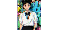a girl in a school uniform is standing in front of a colorful graffiti wall .