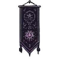 a purple banner with a skull and crossbones on it is hanging from a chain .