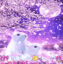 a couple of rabbits are sitting under a cherry blossom tree and the words endless are visible