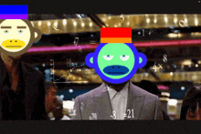 a man in a suit has a green monkey on his head with the number 21 on it