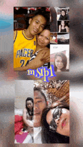 a man wearing a pacer jersey is hugging a woman in a collage