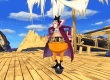 a man in a purple coat and orange pants stands on a wooden deck