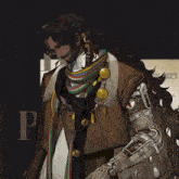 a drawing of a man with a scarf around his neck and the letter p in the background