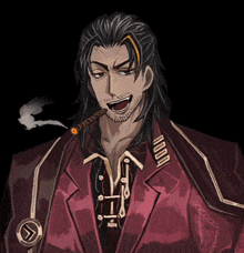 a man with long hair and a beard is smoking a cigar and wearing a red suit