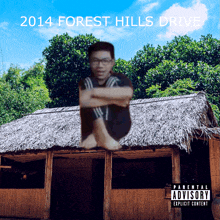 a poster for 2014 forest hills drive with a man sitting on a thatched hut