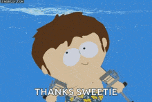 a cartoon character is riding a wave on a surfboard and says " thanks sweetie "