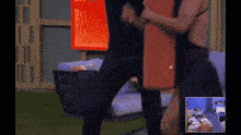 a man and a woman are hugging in front of a red sign