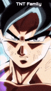 a close up of a person 's face with the words tnt family written below it