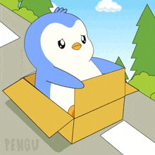 a cartoon of a penguin sitting in a cardboard box with the word pengu on the bottom