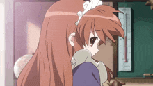 a girl with long brown hair and a maid 's headband is standing in front of a thermometer