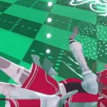 a person is laying on their back on a green checkered floor in a video game .