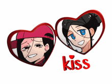 a couple of heart shaped buttons with the word kiss on the bottom