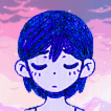 a cartoon of a boy with blue hair and a pink background .