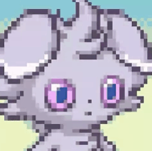 a pixel art drawing of a gray cat with pink eyes