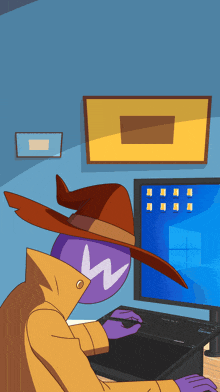 a cartoon character with a purple head and a brown hat is sitting in front of a computer