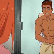 a shirtless man in a towel is standing next to a woman