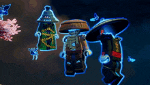 three lego figures are standing next to each other