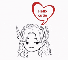a drawing of a girl with a speech bubble that says " hello cutie "