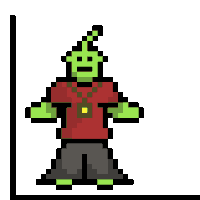 a pixel art illustration of a green alien wearing a red shirt and a gold chain .
