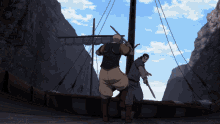 two men are standing on a boat holding swords