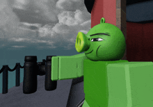 a green angry bird with a yellow nose is standing in front of a building