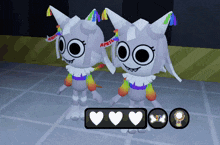 two cartoon characters are standing next to each other with hearts and a trophy in the middle