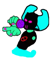 a cartoon character is holding a microphone and pointing at the camera .