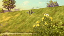 a butterfly is flying over a field of flowers and grass
