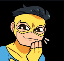 a cartoon drawing of a superhero with a yellow mask on his face