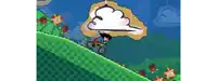 a pixel art drawing of a person riding a bike on a hill