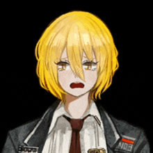 a girl with yellow hair has a patch on her jacket that says eon on it