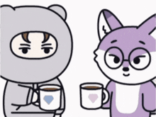 a cartoon of a bear and a fox holding coffee mugs
