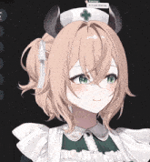 a girl with horns is wearing a white nurse hat with a cross on it