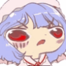 a cartoon girl with blue hair and red eyes is wearing a pink hat .