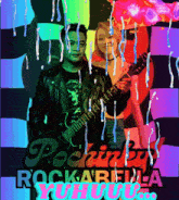 a man is holding a guitar in front of a poster that says rockabella yoghurt