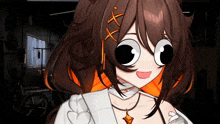 a close up of a girl with big eyes and an x in her hair