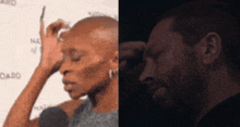 a man with a beard has his hand on his forehead next to a woman