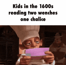 a cartoon character in a chef 's hat is reading a purple book .