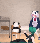 a panda bear sits on a chair next to two girls