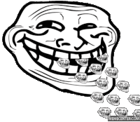 a black and white drawing of a troll face with many troll faces in his mouth