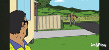 a cartoon of a man looking out a window at a fenced in yard