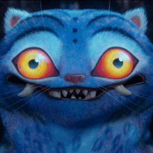 a close up of a blue cat with big yellow eyes