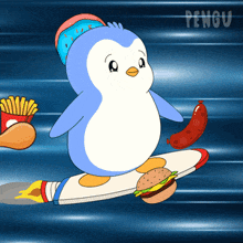 a penguin is riding a skateboard with a hamburger and french fries