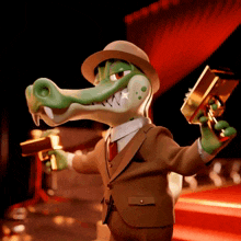 a cartoon alligator in a suit and hat is holding a gold bar and a gun