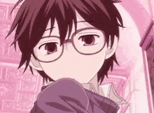a close up of a anime boy wearing glasses and a purple jacket .